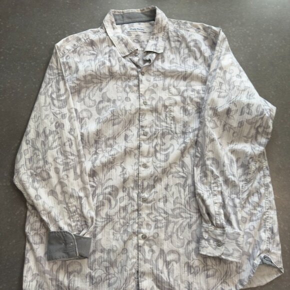Tommy Bahama Taupe & Grey Leaf Print Long Sleeve Shirt - Size XXL - Picture 3 of 12
